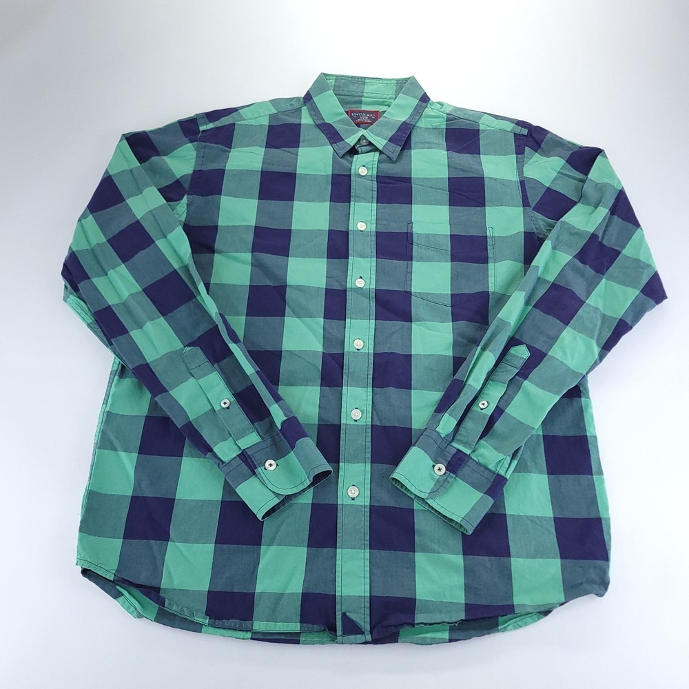 UNTUCKit Shirt Mens Large Slim Fit Green Navy Blue Plaid Performance Long Sleeve